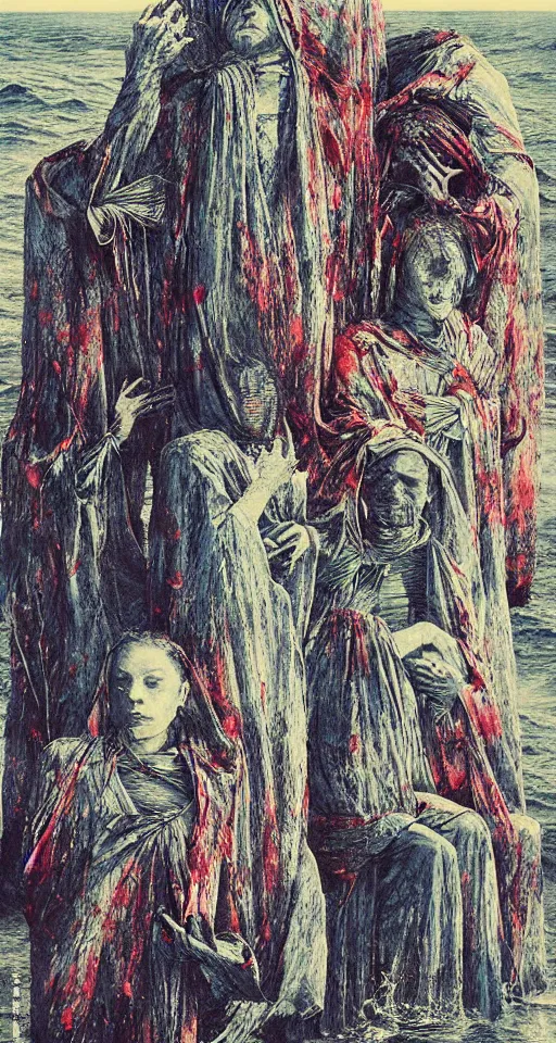 Image similar to worshippers in robes belonging to the cult of the lighthouse standing in the water, a lighthouse, high detailed beksinski painting, part by adrian ghenie and gerhard richter. art by takato yamamoto. masterpiece, deep colours, blue