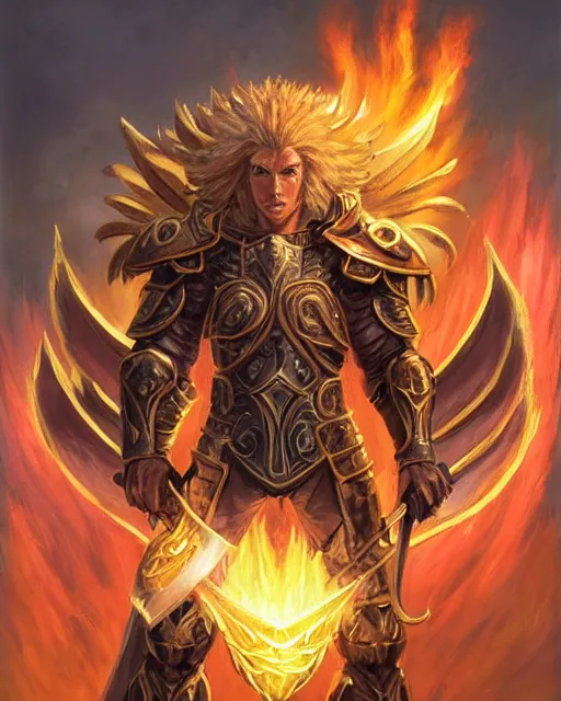 Prompt: mtg character portrait of a brawny male leonin knight african lion angel of justice, with fiery golden wings of flame, wearing shining plate armor, wielding flaming sword and holding large fiery shield, by peter mohrbacher, wadim kashin, greg rutkowski, larry elmore, george pemba, ernie barnes, raymond swanland, magali villeneuve, trending on artstation