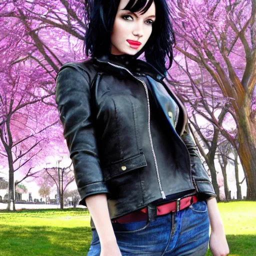 Prompt: woman with black hair and a leather jacket in a beautiful park by artgerm