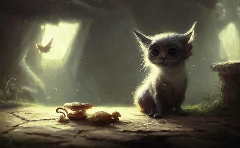 Image similar to a beautiful photo of cute little creature with big eyes, hyper realistic, natural light, concept art, by greg rutkowski, cozy atmospheric and cinematic lighting