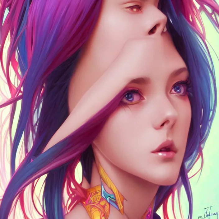 Image similar to full body portrait, a beautiful symmetrical gorgeous anime girl, rainbow hair, attractive, casual, modern, victoria's secret, highly detailed, digital painting, artstation, concept art, smooth, sharp focus, illustration, art by artgerm, greg rutkowski and alphonse mucha, 8 k,