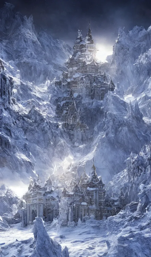 Image similar to a scene concept design depicting a palace made of crystal at the top of a snowy mountain in changbai, with a magnificent atmosphere illuminated by the sun ， super wide angle ， matte painting ， rtx on ， trending on cgsociety and artstation, unreal engine ， volumetric light ， poster style ，