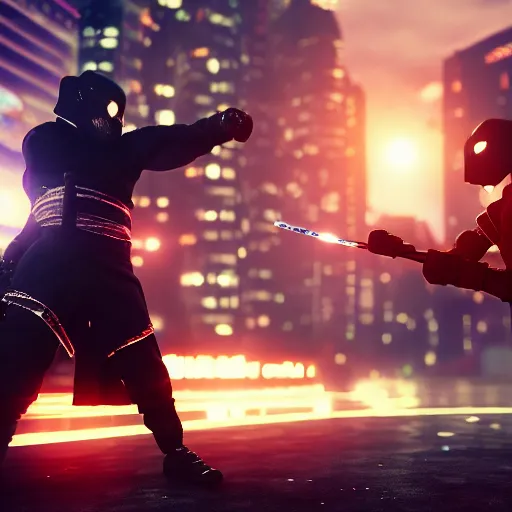 Image similar to fight of two ninja on cyber punk tokyo cityscape, unreal engine, octane render, haze, 8k, cinematic camera composition