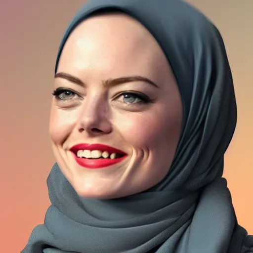 Prompt: A portrait of Emma Stone wearing Hijab, high quality, fully detailed, 4k