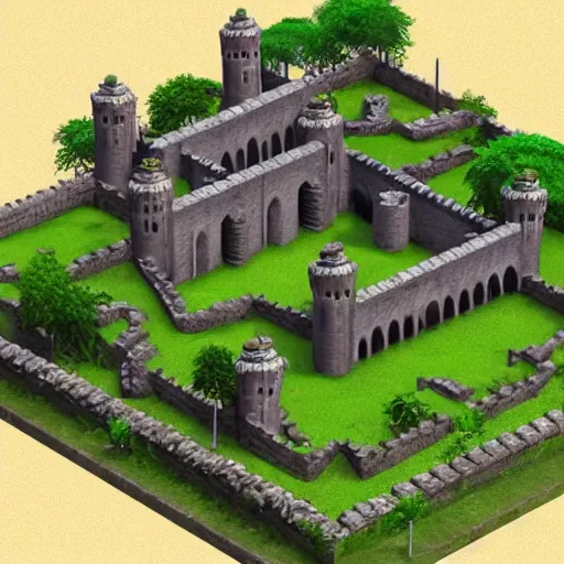 Prompt: medieval castle in a jungle, 3 d, isometric, low poly, courtyard