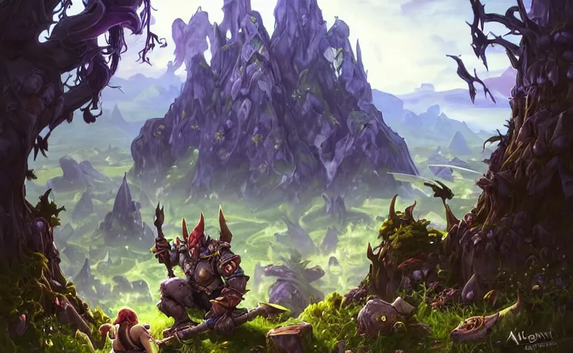 Prompt: goblin squatting, amazing landscape with tree in background, fantasy, whimsical, dungeons and dragons, league of legends splash art, heroes of the storm splash art, hearthstone splash art, world of warcraft splash art, overwatch splash art, art by artgerm, art by alphonse mucha, intricately detailed, highly detailed, trending on artstation,