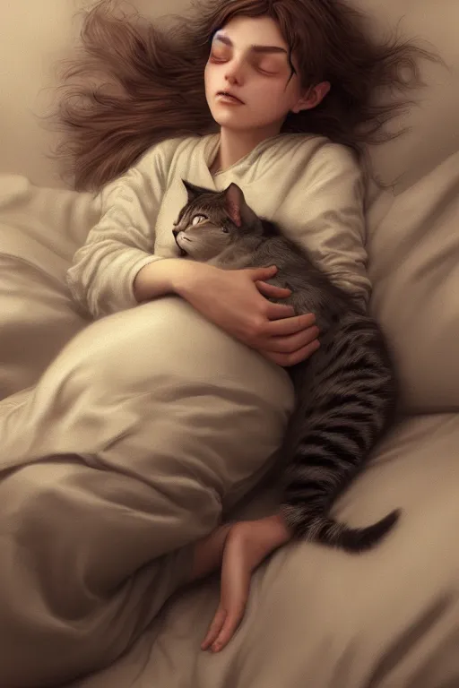 Image similar to young girl protagonist sleeping with a cat , accurate details, detailed full body, dramatic, intricate, elegant, highly detailed, digital painting, artstation, concept art, sharp focus, illustration, art by Gustave Dore, octane render