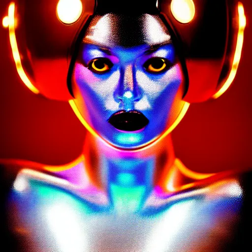 Prompt: hajime sorayama inspired portrait of a woman, bokeh, slow flash sync, dramatic lighting, neon colors, chrome, metal, shiny chrome