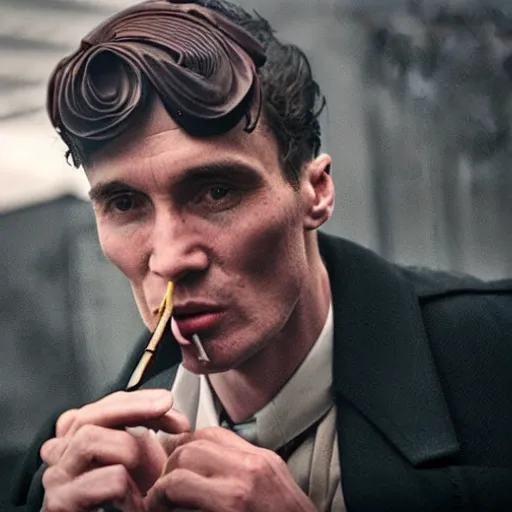 Image similar to a realistic photograph of thomas shelby from the peaky blinders smoking a pink cigar