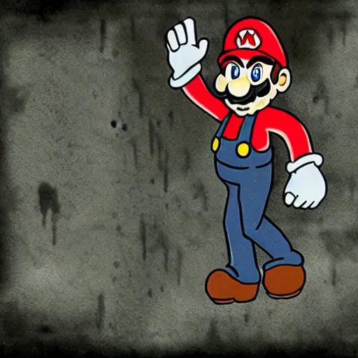 Image similar to mario in a ruined kingdom, resident evil, gothic horror, silent hill, occult, terror, mist