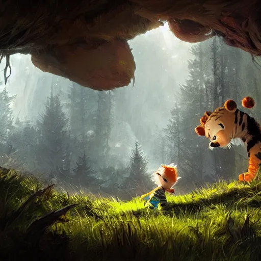 Prompt: Calvin and Hobbes walking in a magical fantasy world, dramatic lighting, cinematic, establishing shot, extremely high detail, photo realistic, cinematic lighting, post processed, concept art, artstation, matte painting, style by eddie mendoza, raphael lacoste, alex ross