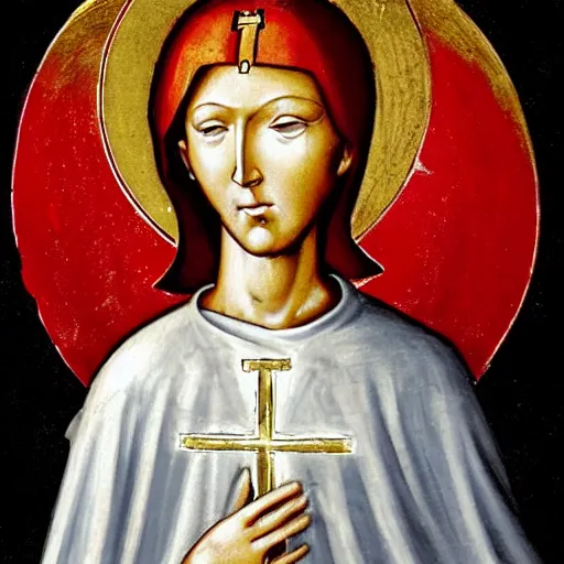 Image similar to a woman with red short hair, red hair, wearing a medieval armor, a halo on her head, holy saint, holy ichonography, catholic fresco