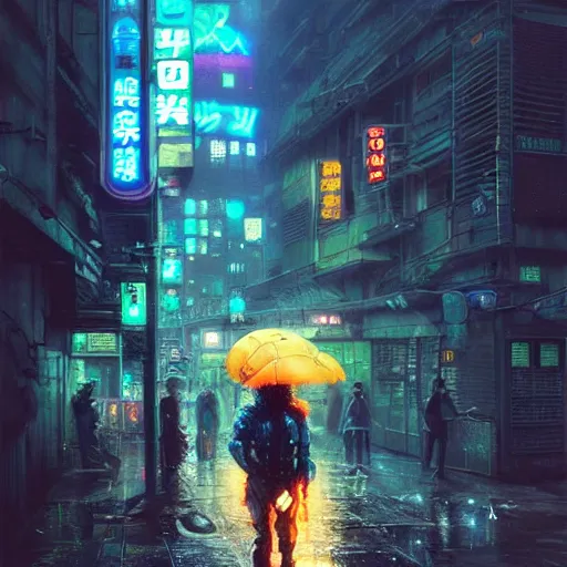 Image similar to cyborg caveman on the streets of tokyo, with neon lights, while it's raining, stephen bliss, unreal engine, fantasy art by greg rutkowski, loish, rhads, ferdinand knab, makoto shinkai, ilya kuvshinov, rossdraws, global illumination, radiant light, detailed and intricate environment