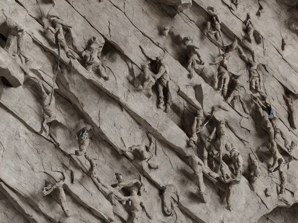 Image similar to miniature men of gray clay climbing on huge wooden stairs