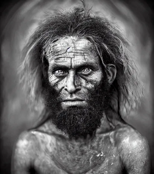 Image similar to Award winning reportage photo of prehistoric Cavepersons with incredible insane hair and beautiful hyper-detailed eyes wearing traditional garb by Lee Jeffries, 85mm ND 5, perfect lighting, gelatin silver process