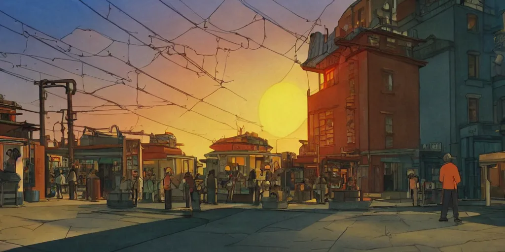 Prompt: fusion reactor, wonderous and magical, in an urban setting, sunset, by Studio Ghibli and Edward Hopper