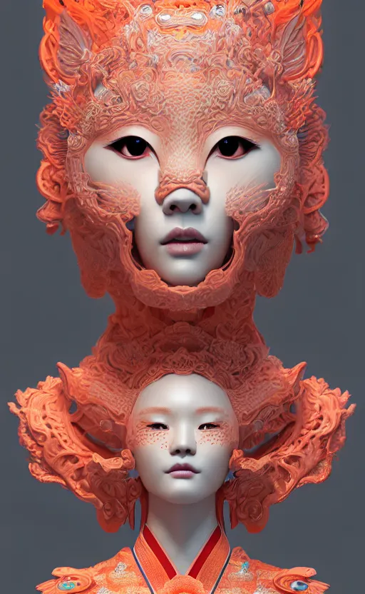 Prompt: 3 d goddess medium shot profile portrait. beautiful intricate highly detailed korean gumiho mask and traditional korean hanbok. stingray, magpie, bio luminescent, plasma, lava, ice, water, wind, creature, artwork by tooth wu and wlop and beeple and greg rutkowski, trending on artstation,