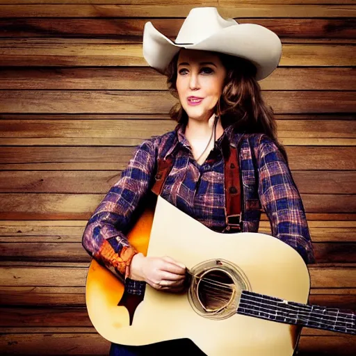 Image similar to a female fox animal, wearing cowboy hat, wearing plaid shirt, playing guitar, inside a barn, album cover style