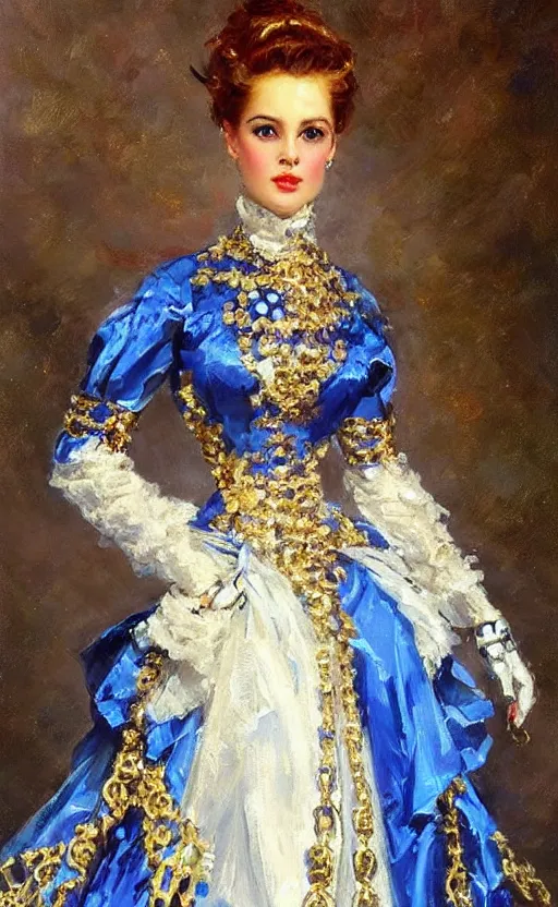 Image similar to Elegant Mecha laydy in blue victorian dress with gold ornaments. By Konstantin Razumov, highly detailded