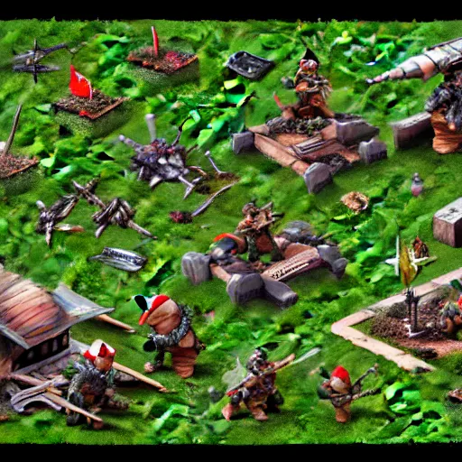 Image similar to Warzone with an army of lawn gnomes wielding midieval weaponry, axonometric exploded view, high detail, 8k, photorealistic