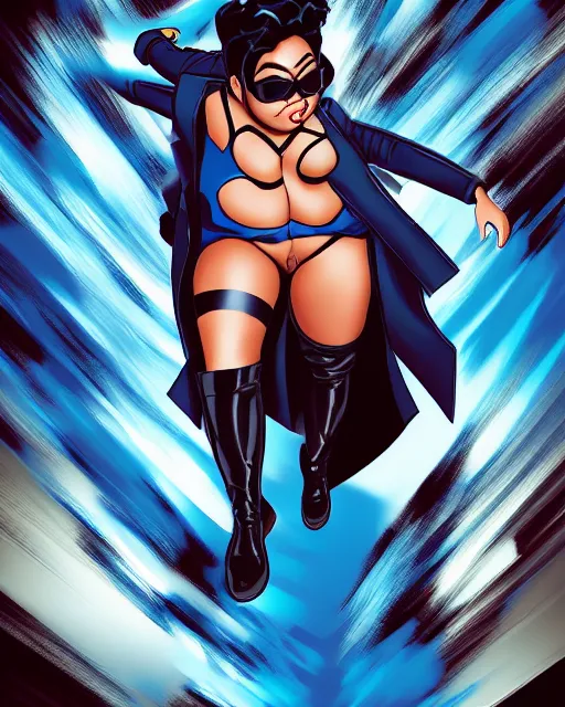 Prompt: thick chubby filipina superhero, long black trench coat, sunglasses, sly grin, fully clothed, exaggerated perspective, flying toward camera, beautiful detailed face, electric blue hair, action pose, comic book style, highly detailed, dynamic shadows, dynamic lighting, geoff johns, jason fabok, jason fabok, brad anderson, splash art