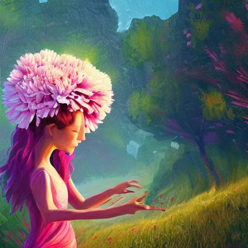 Image similar to giant carnation flower as a head, girl hiking in a lush valley, surreal photography, sunrise, dramatic light, impressionist painting, colorful clouds, digital painting, artstation, simon stalenhag