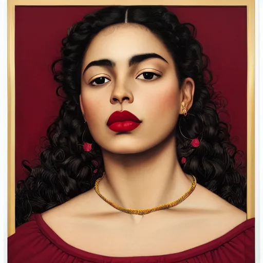 Prompt: a beautiful mexican woman's face in profile, maroon lips, white background, dynamic, ultra detailed, 4 k, illustration, by kehinde wiley, kadir nelson, john william waterhouse