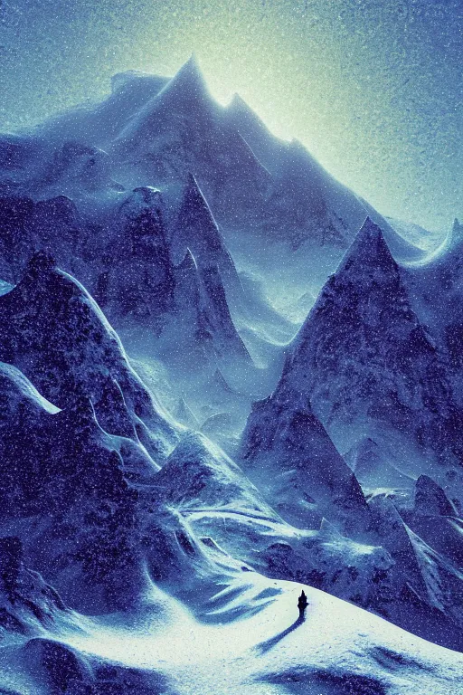 Image similar to a snowy mountain scene by arthur haas and bruce pennington and john schoenherr, cinematic matte painting in the style of glitch art, minimal modern pixel sorting, zaha hadid building, photo realism, neon lights, dark moody color palate,