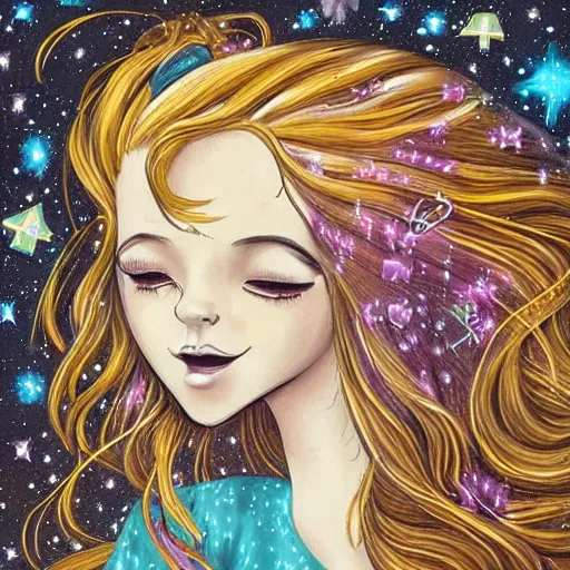 Prompt: Street art. A beautiful illustration of a young girl with long flowing hair, looking up at the stars. She appears to be dreaming or lost in thought. by Tim Shumate, by Carsten Meyerdierks elaborate, precise