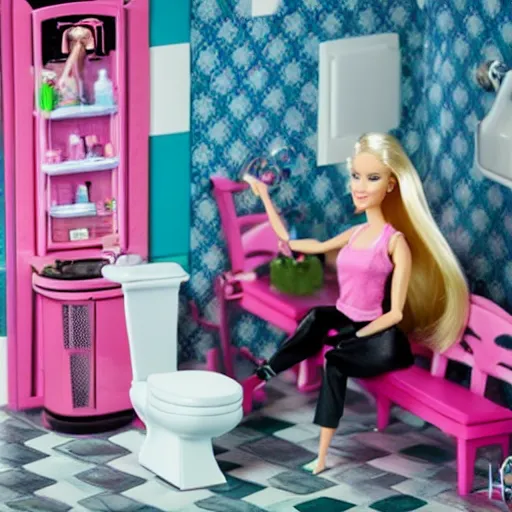 Image similar to barbie doing heroin with a syringe, toilet