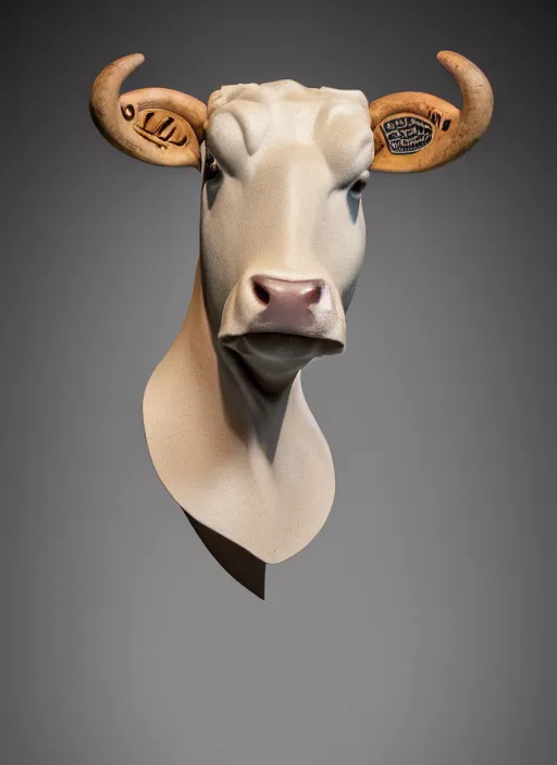 Image similar to stylised bust sculpture of a Guernsey Cow, beautiful studio lighting