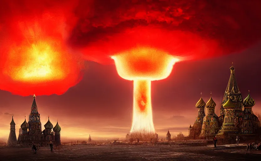 Image similar to nuclear explosion with realistic nuclear mushroom in Red Square Kremlin, cinematic shot, extremely high detail, photo realistic, cinematic lighting, post processed, artstation, matte painting, digital painting, art by Greg Rutkowski