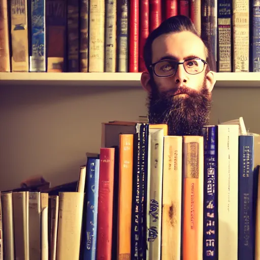 Prompt: medium shot portrait of a learned scholar, a long slightly unkept beard, a bookshelf in the background with neatly stacked books, set in the 1 9 5 0 s, bokeh, light from top right