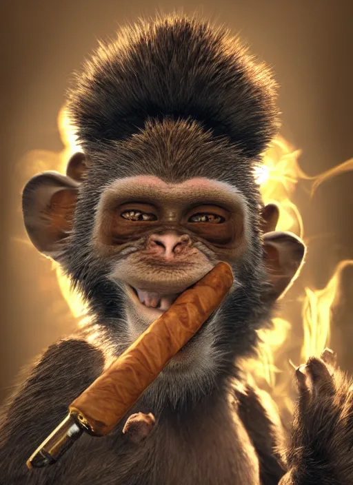 Image similar to pathfinder 2 e illustration of furry monkey goblin smoking a cigar, unreal engine, hyper realism, realistic shading, cinematic composition, realistic render, octane render, detailed textures, photorealistic, wide shot