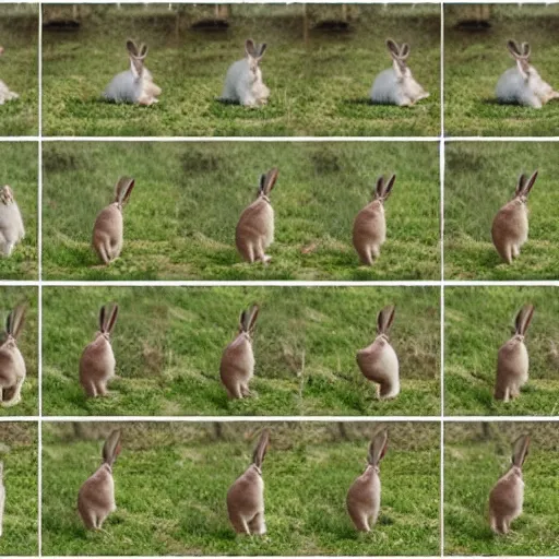 Image similar to a rabbit jumping up over a fence, shown as a film strip showing 9 sequential stills starting from time 0 : 0 0 from the video clip in a grid