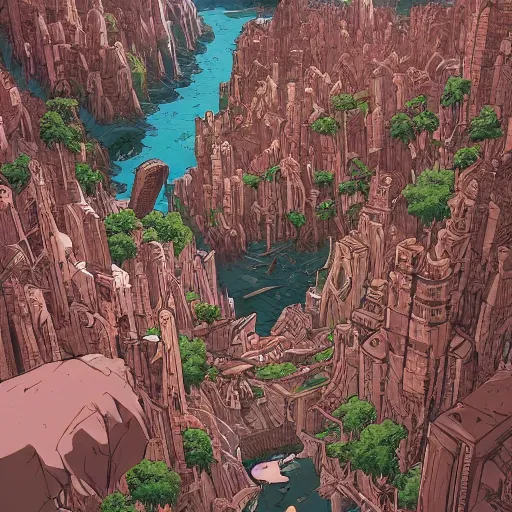 Image similar to cell shaded adult animation, a birds eye view overlooking a walled off ancient fantasy city being attacked by horrific monsters, surrounded by mountains and trees of greens and browns, rivers, concept art by josan gonzales and wlop, Laurie Greasley, Jordan Grimmer, Beksiński and james jean, highly detailed, sharp focus, Trending on Artstation, HQ, deviantart, art by artgem