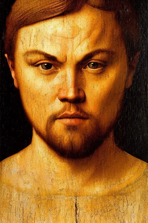 Image similar to 1 4 0 0 s renaissance portrait of leonardo dicaprio oil painting by jan van eyck, northern renaissance art, oil on canvas, wet - on - wet technique, realistic, expressive emotions, intricate textures, illusionistic detail