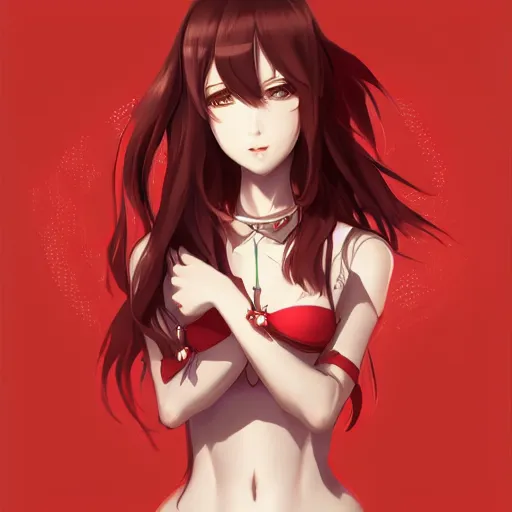 Image similar to kurisu makise, elegant, ultra highly detailed, digital painting, smooth, sharp focus, artstation, top-down shot, red background, art by Ina Wong