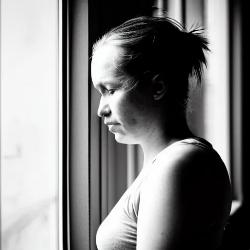 Image similar to black and white photograph portrait of a depressed 35 years old woman standing by the window, natural light, lomo, fashion photography, film grain, soft vignette, sigma 85mm f/1.4 1/10 sec shutter