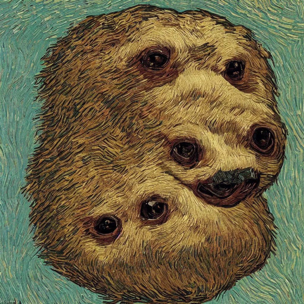 Image similar to a beautiful oil painting of a sloth's face in the style of van Gogh