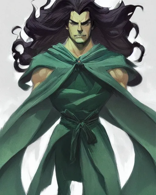 Image similar to a handsome man with dark medium long hair in curtain, he wears a green cape with hood off, game design fanart by concept artist gervasio canda, behance hd by jesper ejsing, by rhads, makoto shinkai and lois van baarle, ilya kuvshinov