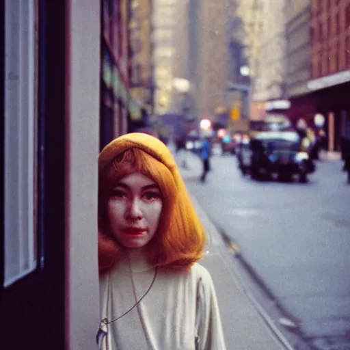 Prompt: medium format film candid portrait of a woman in new york by street photographer, 1 9 6 0 s, depth of field woman portrait featured on unsplash, photographed on colour expired film