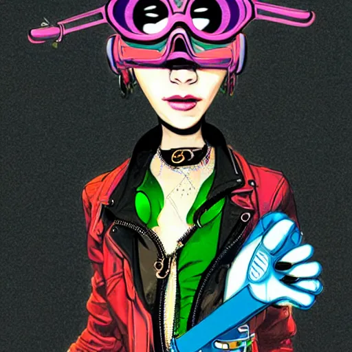 Prompt: cybergoth girl wearing goggles and eclectic jewelry, by jamie hewlett,