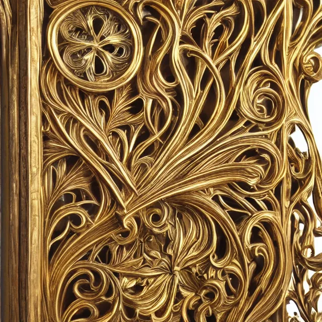 Prompt: a 3 d golden art nouveau carved sculpture of a delicate tracery pattern, intricate and highly detailed, well - lit, ornate, realistic, polished with gold leaf