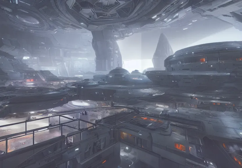 Prompt: a minimalist scifi brutalist futuristic hangar interior aircraft carrier tower spaceship factory planet iron forge smelting pits with atmospheric perspective, HDR, ilm, beeple, star citizen halo, mass effect, bladerunner, elysium