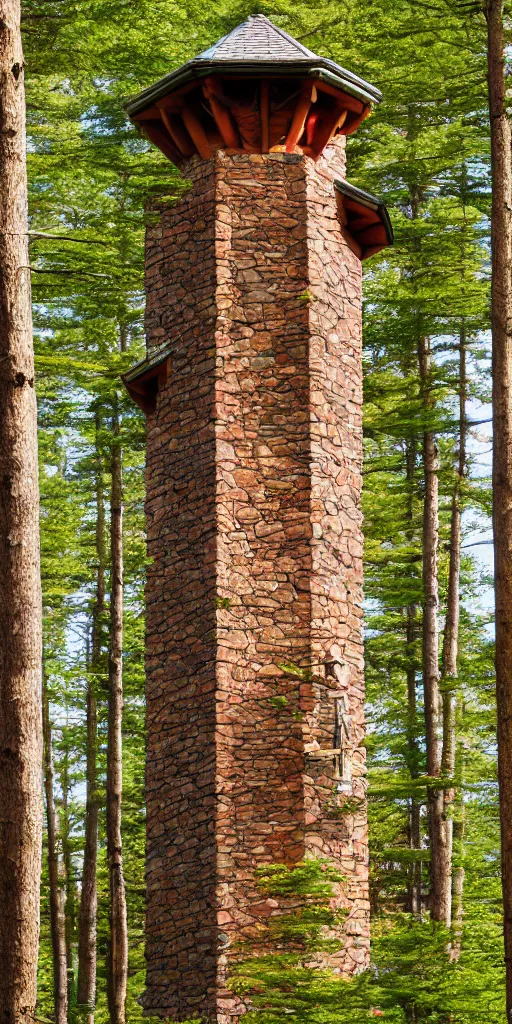 Prompt: a tudor style lodge tower designed by frank lloyd wright in a forest in maine, 24mm hasselblot photograph
