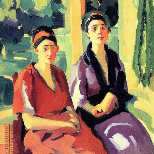 Prompt: a portrait of two beautiful sisters in a scenic environment by albert marquet