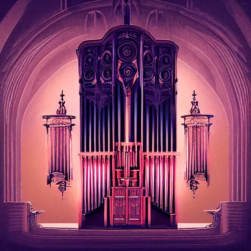 Prompt: pipe organ opera album cover, style of john harris, david hardy, michael okuda, vincent di fate, rongier, dramatic lighting, detailed, gothic, ornate, symmetrical, kafka, dark pastel colors