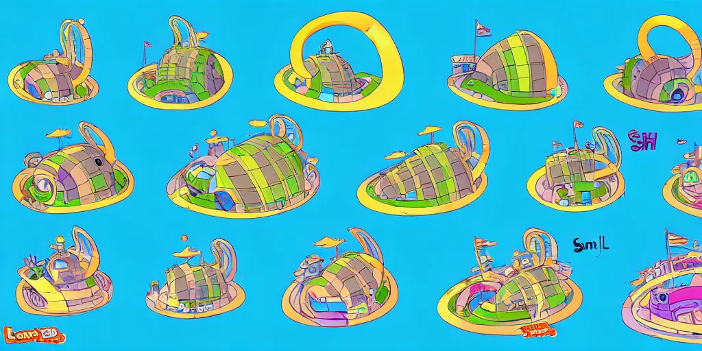 Image similar to chubby spiral shape cartoon concept art, ship port, from lorax movie, sam and max