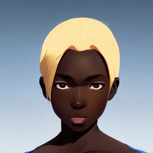 Image similar to portrait of a dark skinned angel with blonde hair, highly detailed, digital painting, artstation, matte, by makoto shinkai, animation style, studio ghibli, anime key visual